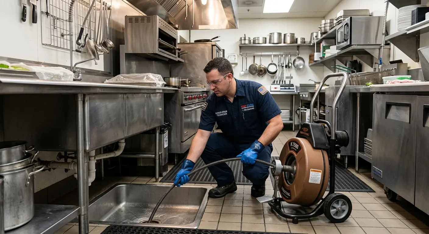 Commercial drain cleaning service in a restaurant kitchen in Pleasant Run