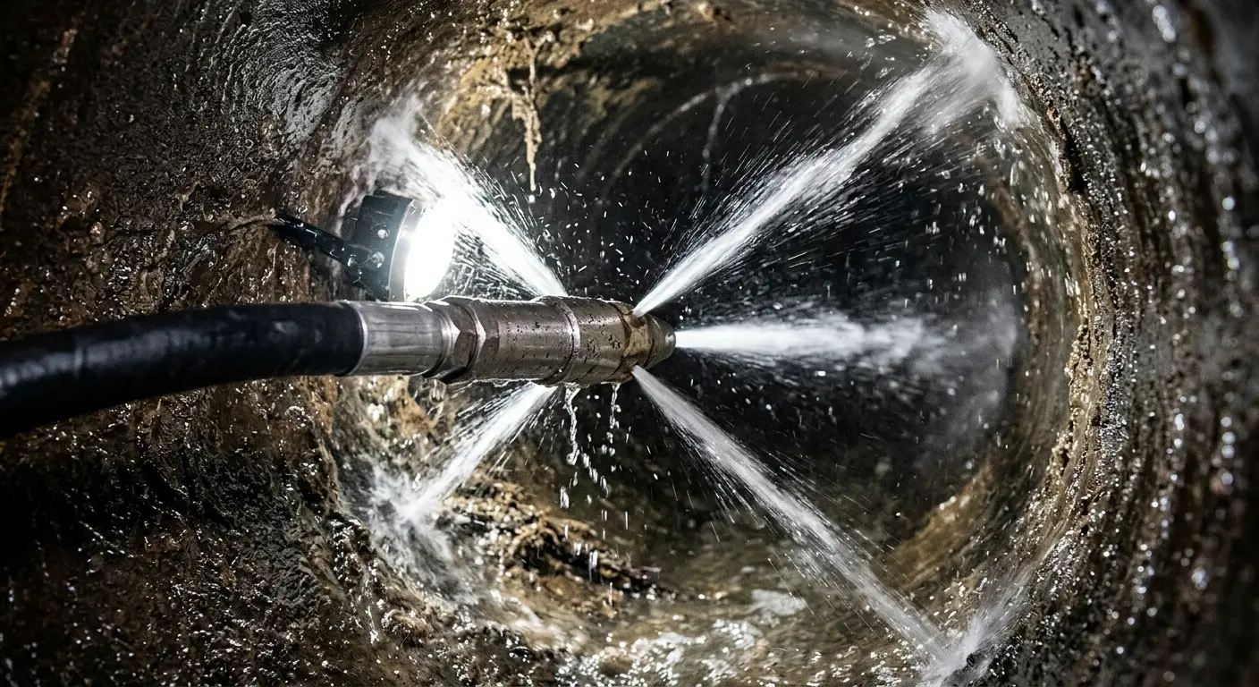 High-pressure hydro jetting nozzle cleaning sewer pipe for Sewer Cleanout in Pleasant Run