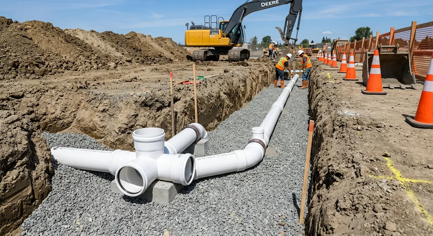 New PVC sewer pipe installation in open trench for Sewer Backup in Pleasant Run