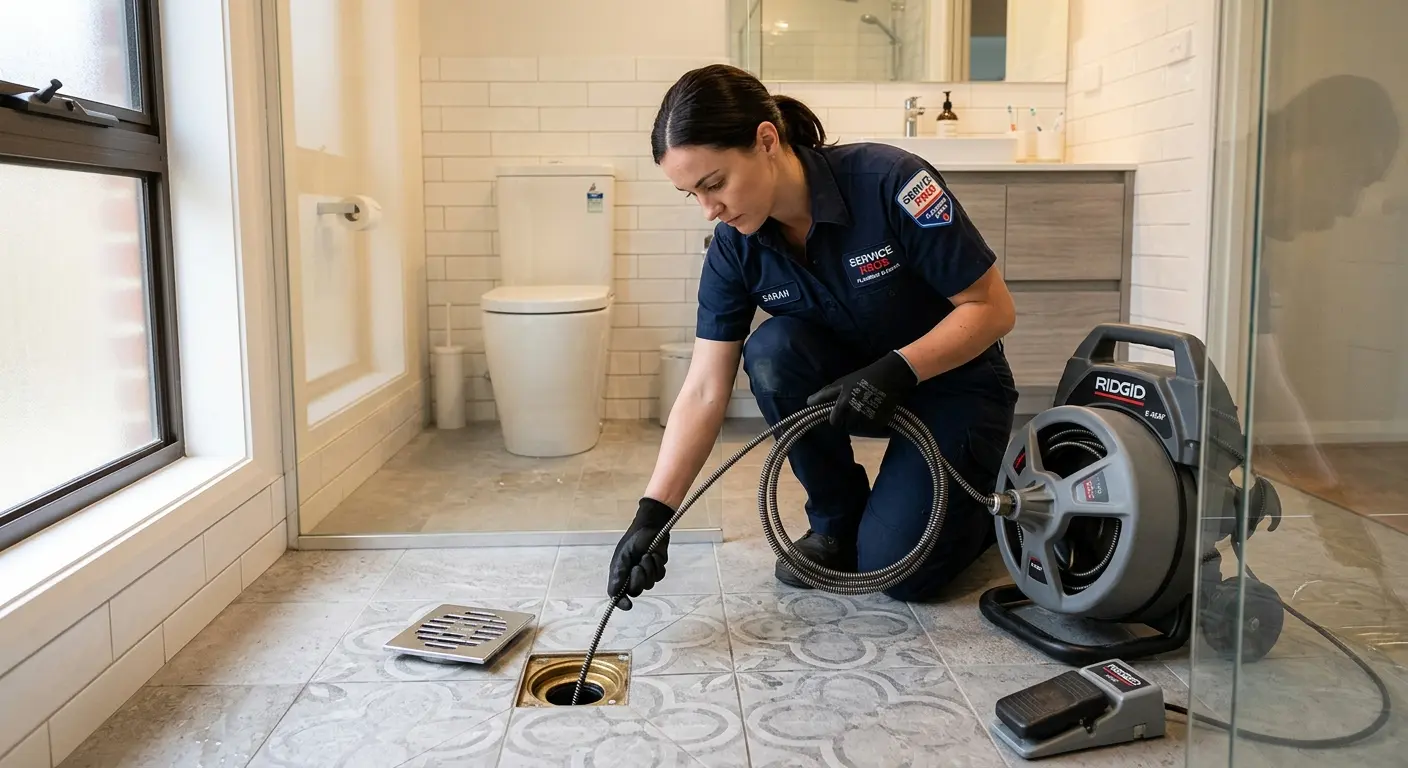 Technician clearing a bathroom floor drain for Sewer Line Installation in Pleasant Run